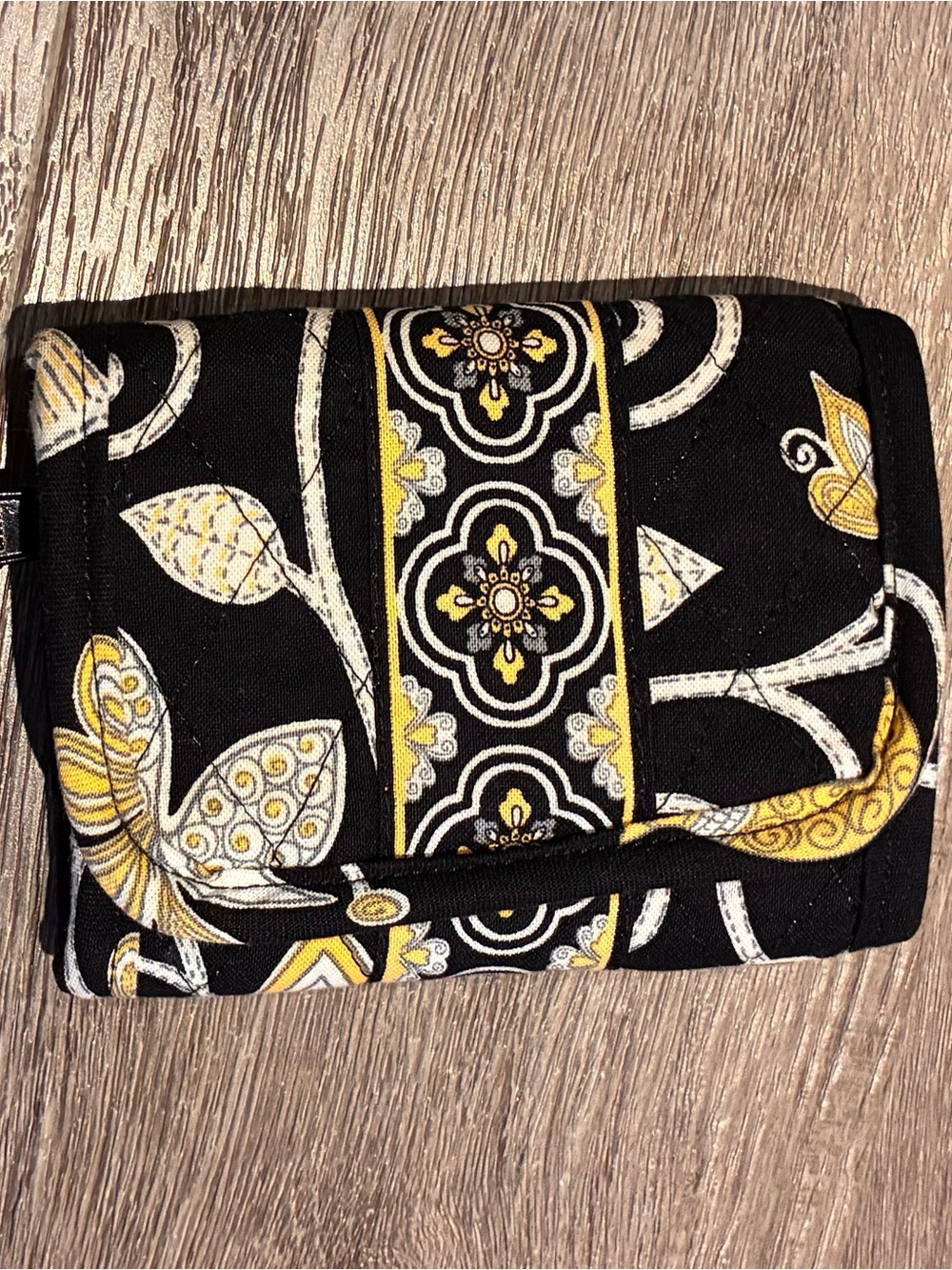 Vera Bradley Black and Yellow Baroque Floral Quilted Trifold Wallet